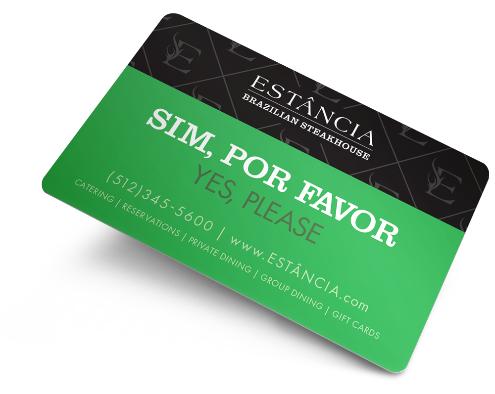 A green Estância Brazilian Steakhouse card