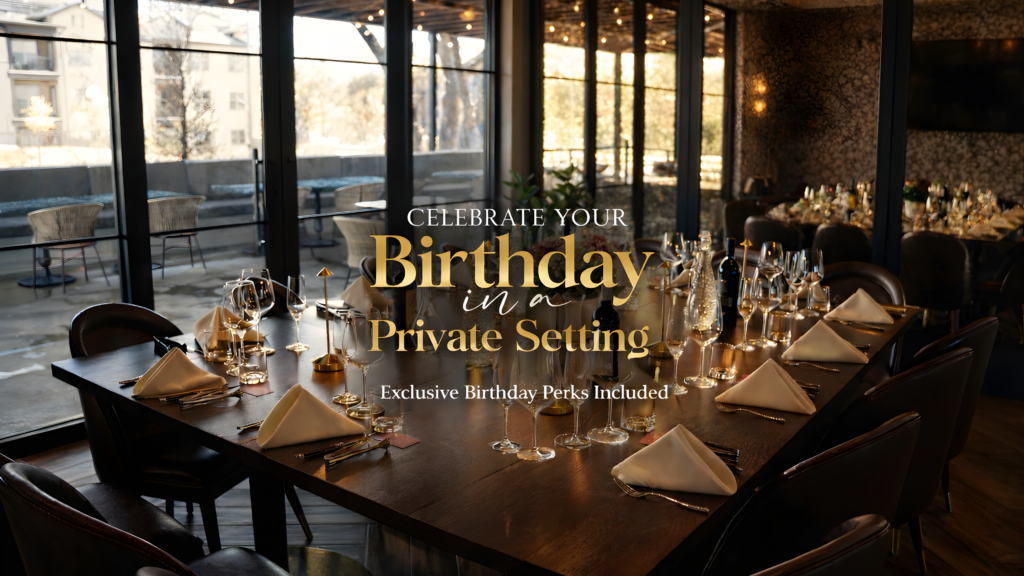 Elegant private dining room set for a birthday celebration in Austin and Leander at Estância Brazilian Steakhouse, featuring a beautifully arranged long table with wine glasses, candles, and refined décor for a luxury group dining experience.
