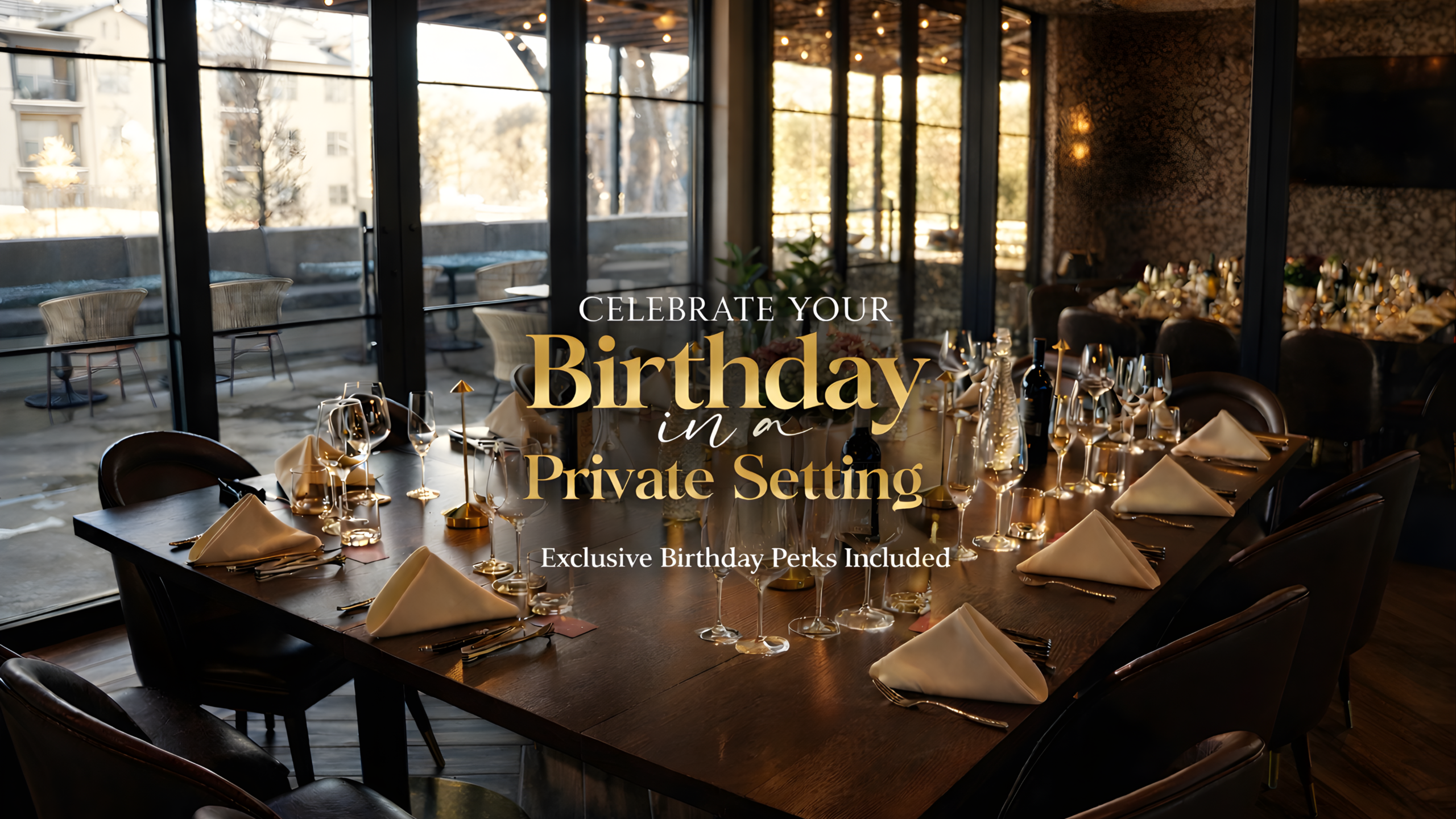 Elegant private dining room set for a birthday celebration in Austin and Leander at Estância Brazilian Steakhouse, featuring a beautifully arranged long table with wine glasses, candles, and refined décor for a luxury group dining experience.