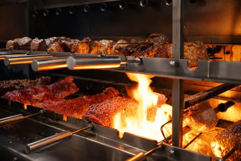 Brazilian churrasco grill with meats over open flame at Estância Brazilian Steakhouse in Austin and Leander