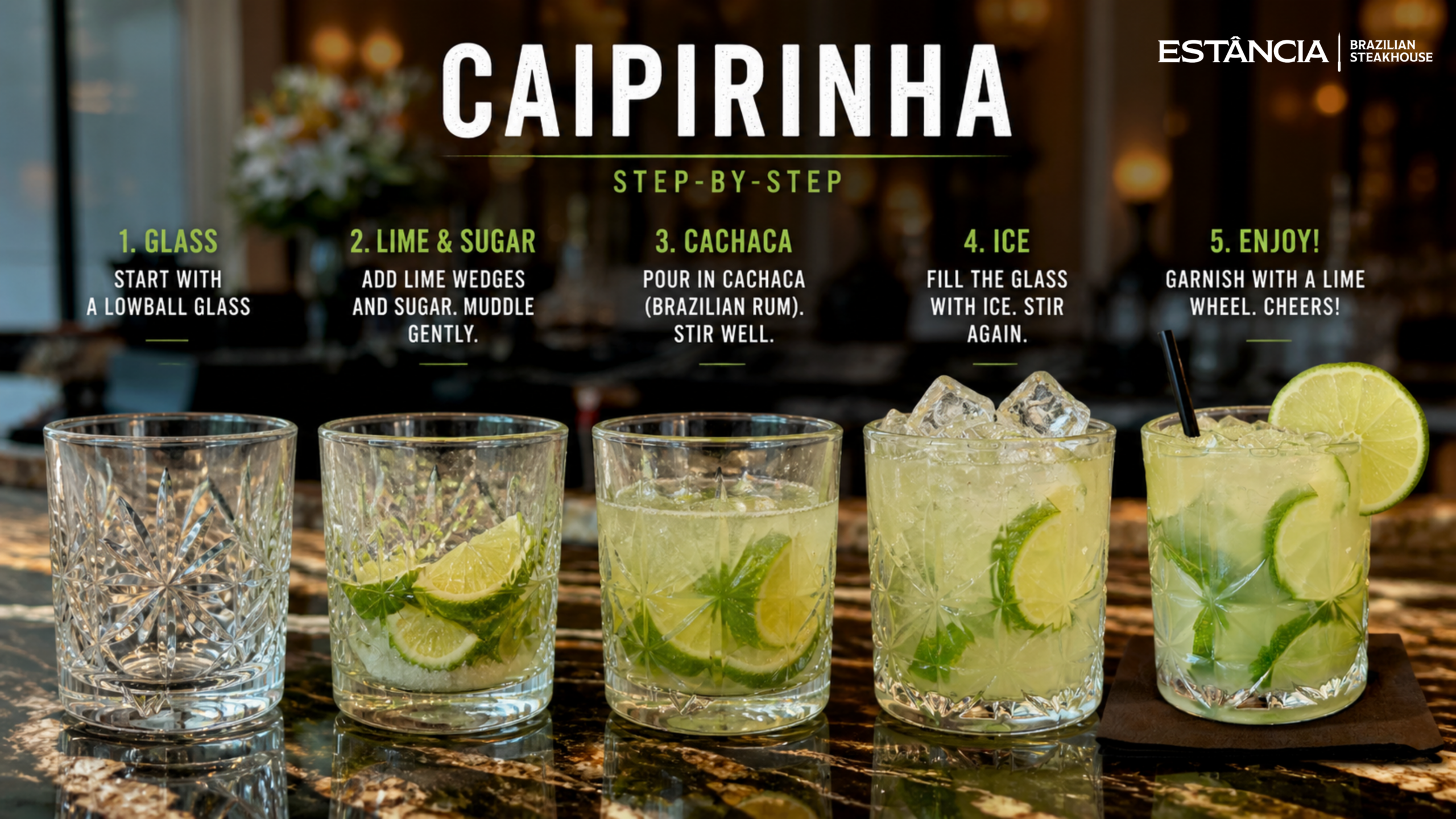 brazilian cocktail caipirinha served at steakhouse bar in austin