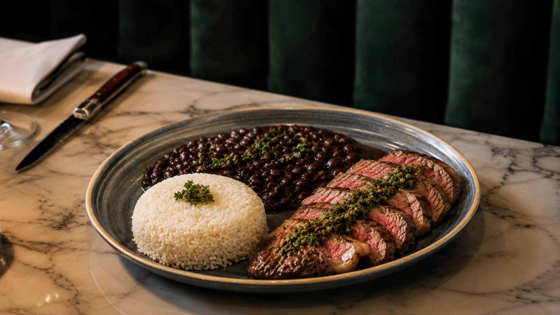 Brazilian rice and beans served with churrasco at Estância